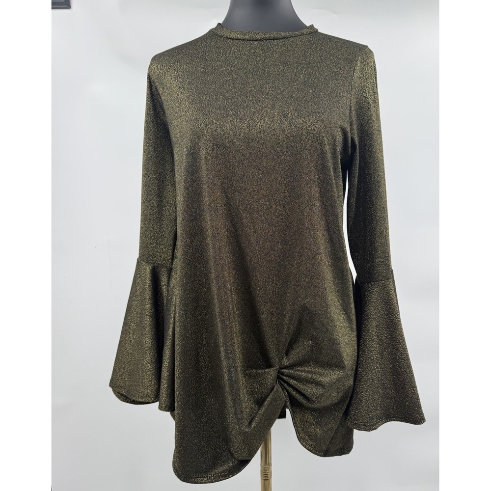 Gold Black Metallic Women's Shirt Top Bell Sleeve Stretch Size Medium